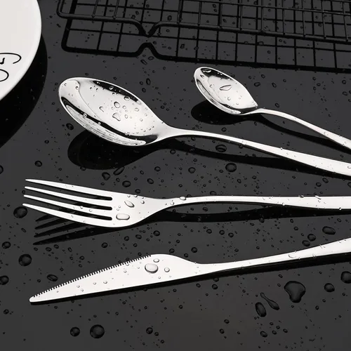 Vista 6 de JASHII Juego de cubiertos de acero inoxidable 304 de 24 piezas de cubiertos plateados de lujo con mango plano único, cucharadas y tenedores