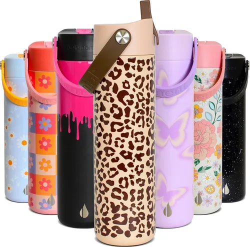 Vista 24 de Elemental Botella de agua aislada de 24 onzas con popote, botellas de agua con núcleo de acero inoxidable 100% a prueba de fugas para viajes, Beige