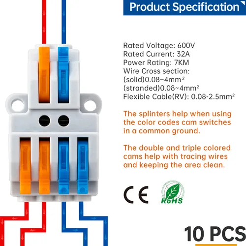 Vista 3 de 10 conectores de cable de palanca, conector de cable de cableado rápido, bloque de terminales de conductor a presión (2 en 4 salidas)