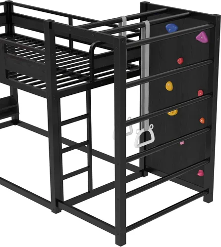 Vista 8 de Cama tipo loft de metal individual con estanterías deslizantes y de almacenamiento, marco de cama de metal resistente con aro de baloncesto, anillos