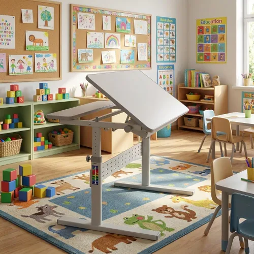 Vista 7 de Mount-It! Escritorio ajustable para niños con escritorio inclinable, mesa de estudio de altura ajustable con cajón de almacenamiento, escritorio