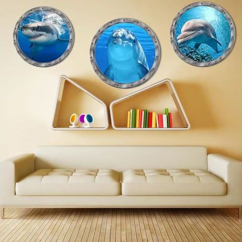 Vista 5 de Decoración del mundo bajo el mar de animales oceánicos, incluye tiburones delfines, 3 unidades, removibles, 3D, adhesivos de vinilo para despegar