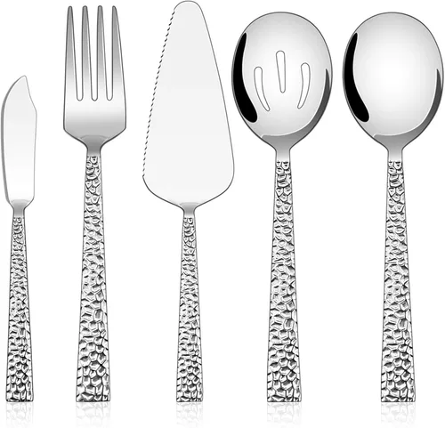 Vista 8 de E-far Tenedores de Servir Martilleados, Juego de 4 Piezas de Utensilios de Acero Inoxidable para Anfitriona, Ideales para Carne, Catering, Buffet