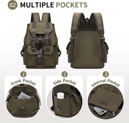 Vista 4 de Mochila de lona vintage para hombres y mujeres, mochila casual duradera, mochila de viaje de gran capacidad para senderismo y uso diario (verde)