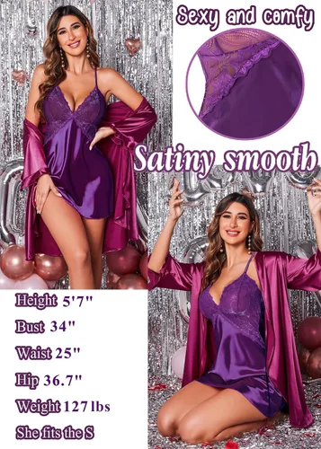 Vista 3 de Avidlove Lencería para mujer, cuello en V, camisón corto de satén con encaje para dormir