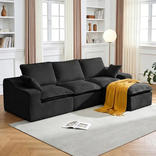 Vista 14 de Sofá seccional de pana sin hueso de 107 pulgadas para sala de estar, sofá modular con diván en forma de L, moderno sofá modular con asiento profundo