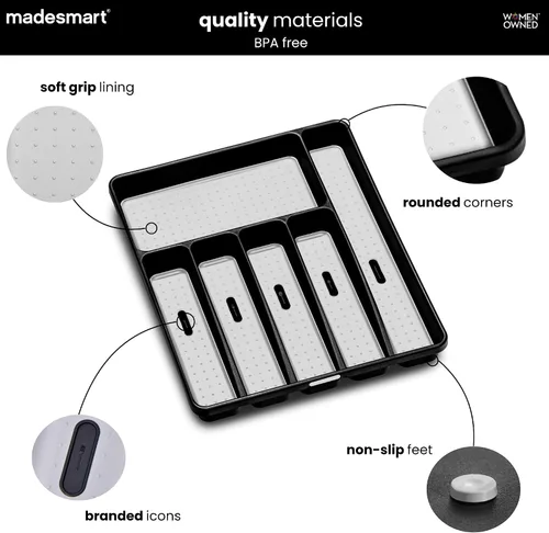 Vista 4 de madesmart Bandeja grande de cubiertos, organizador de cubiertos de 6 compartimentos para tenedores, cuchillos y cucharas, antideslizante, forro