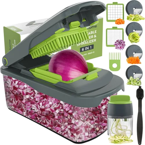 Vista 13 de Picadora de verduras Ourokhome con recipiente, picadora manual de verduras con 2 cuchillas de corte para tiras de papa, cubos de cebolla, palitos