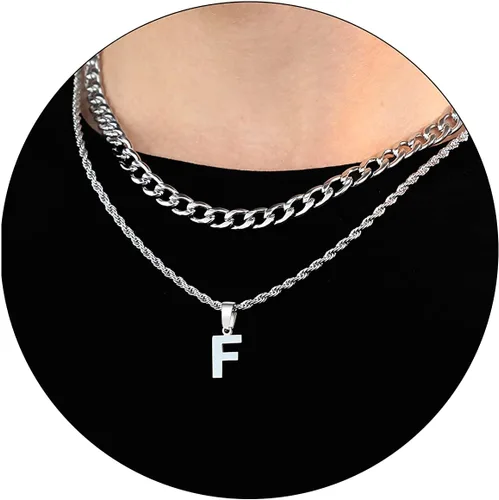 Vista 12 de SENRAN Collar con inicial en capas de la A a la Z para hombre, cadena de cuerda torcida de acero inoxidable de 18 a 20 pulgadas, dije de letra