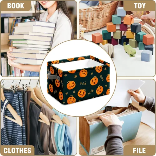 Vista 5 de Cesta de almacenamiento espeluznante de Halloween, bolsas de truco o trato, cubo de almacenamiento plegable grande, organizador plegable de 10 x 14