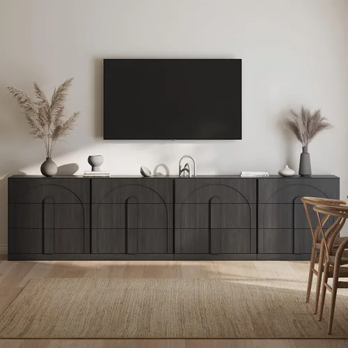 Vista 29 de BELLEZE Centro de entretenimiento modular de 4 piezas con almacenamiento, 2 vitrinas de madera moderna con gabinete arqueado y 2 armarios de puerta