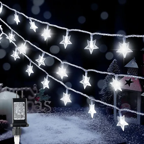 Vista 9 de HEYFUNi Guirnalda de luces de estrella USB y funciona con pilas, 16 pies, 50 luces LED con control remoto, 8 modos, 4 brillo y velocidad, luces