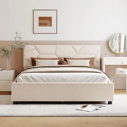 Vista 14 de Cama de plataforma tapizada de tamaño matrimonial con cabecera de terciopelo con patrón de flores, con marco de cama de soporte de listones