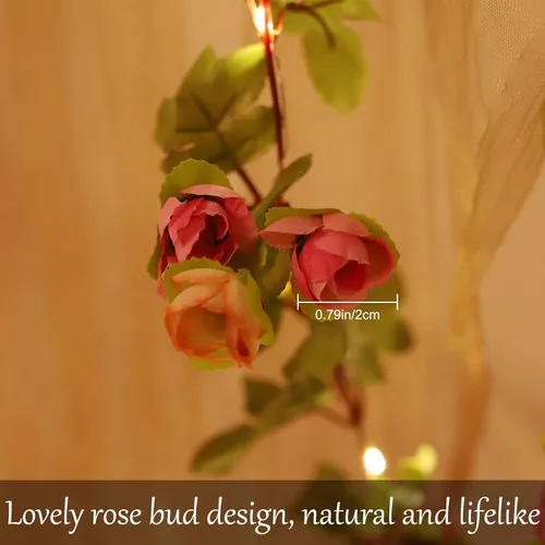 Vista 6 de Fielegen Guirnalda de 20 luces LED de flores artificiales de 7.2 pies con pilas, guirnalda de flores artificiales con luces de vid de rosas