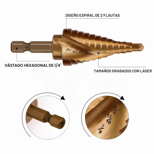 Vista 4 de COMOWARE Juego de 3 brocas de cobalto M35 con vástago hexagonal de 1/4", punzón automático, diseño de impacto de dos hélices, ideal para metal M35