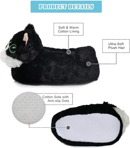 Vista 3 de Pantuflas de gato de invierno mullidas de felpa suave para hombres, mujeres y niños, gato encantador con ojos grandes, Negro