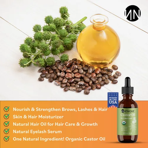 Vista 2 de Natnique Aceite de ricino orgánico certificado por USDA, aceite 100% puro prensado en frío sin refinar para el crecimiento del cabello, pestañas
