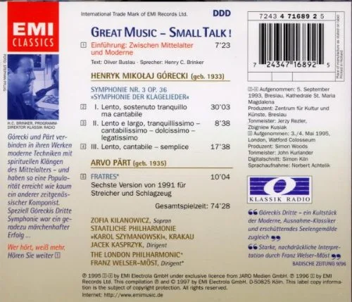 Vista 2 de Gorecki Symphony No.3 Zofia Kilanowicz Soprano W.Krakow Phil. Kasprzyk. Part 'Fratres' For