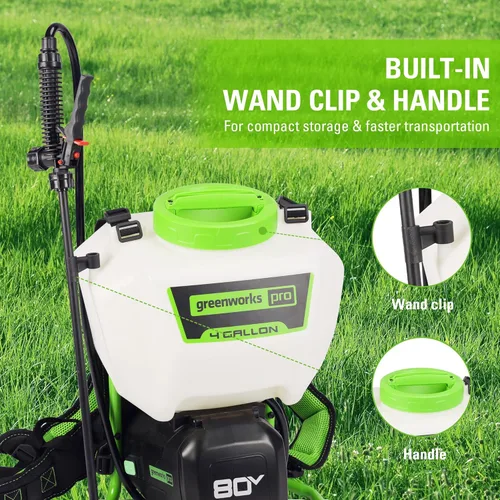 Vista 4 de Greenworks Pulverizador de Mochila a Batería de 80V de 4 Galones con 5 Boquillas, Presión de 70PSI-Herbicida, Control de Plagas, Desinfección