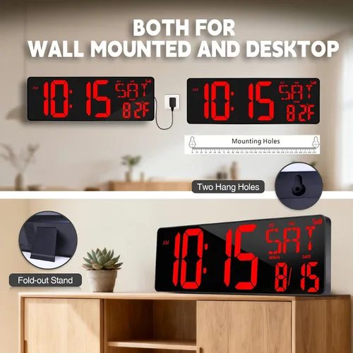 Vista 6 de Reloj de pared digital con pantalla grande: reloj digital LED de 16.5 pulgadas con control remoto, fecha, semana, DST automático, brillo ajustable