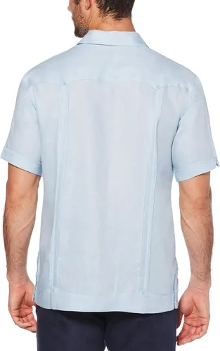 Vista 2 de Cubavera Camisa guayabera de manga corta con botones para hombre, 100% lino, cuatro bolsillos, cuello de campamento, detalle de pintuck, ligera