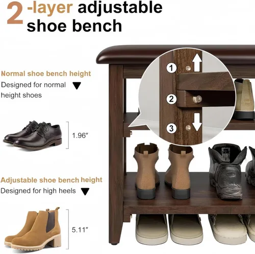 Vista 6 de Banco de almacenamiento de zapatos de madera con cojín de cuero, marrón oscuro, 39.4 pulgadas Rustic Solid Wood Entryway Bench, Shoe Rack Bench