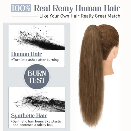 Vista 48 de Rich Choices Extensión de cola de caballo con clip de garra, cabello humano real, una pieza, extensiones de cabello largo Remy para mujer, #18P613
