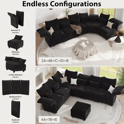 Vista 9 de LLappuil Sofá modular modular de 96 pulgadas, sofás seccionales de esquina pequeños para sala de estar con otomana de almacenamiento de 6 lados Negro