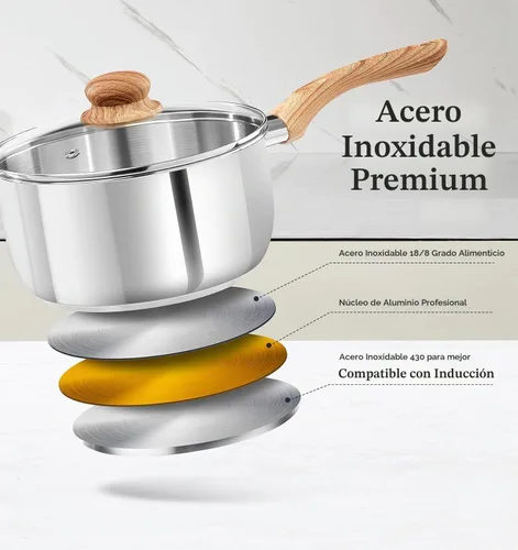 Vista 2 de KOCH SYSTEME CS Cacerola de Acero Inoxidable, Cacerola de 1 Cuarto de Galón con Tapa y Mango de Baquelita Resistente al Calor, Cacerola de Acero