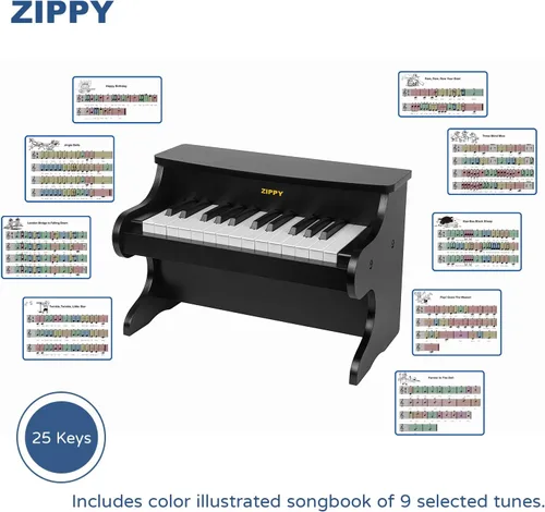 Vista 5 de Teclado de Piano para Niños ZIPPY, Piano Digital de 25 Teclas para Niños, Mini Instrumento Educativo Musical de Juguete, Juguete de Madera para Negro
