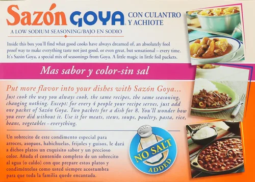 Vista 3 de Goya Foods Sazón Condimento con Cilantro y Achiote, Sin Sal Añadida, 6.33 Onzas