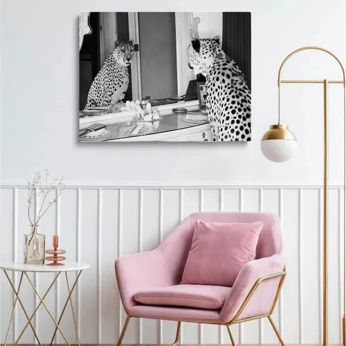 Vista 4 de Impresión de guepardo en el espejo, impresión de fotografía en blanco y negro, leopardo vintage en blanco y negro, fotos de espejo con aspecto