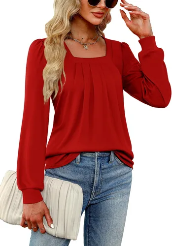 Vista 3 de Funlingo 2023 - Blusas de manga larga para mujer, estilo túnica, plisadas, con cuello cuadrado, estilo casual, holgadas