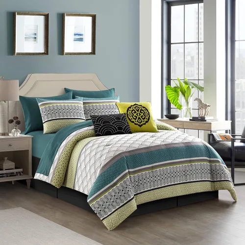 Vista 8 de Grand Avenue Juego de edredón geométrico de 7 piezas, tamaño King, ropa de cama con estampado de microfibra, juego de ropa de cama para todas