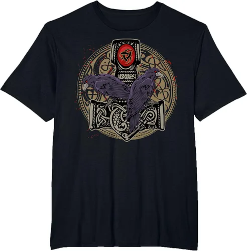 Vista 38 de Thors Hammer Mjolnir Huginn and Muninn Odin Raven - Camiseta, Negro, S