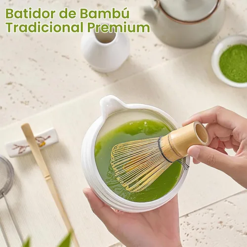 Vista 6 de Juego de batidor de matcha, juego de té japonés (5 piezas) incluye cuenco de matcha con boquilla (19 onzas), batidor de bambú y cuchara de matcha
