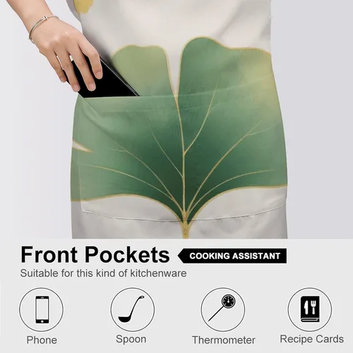 Vista 5 de MUSM Apron for Adults - 27.6 X 31.5 Inch, Heavy-Duty Polyester Aprons with Two Large Pockets, Waterproof Green Ginkgo Leaves Kitchen Apron for