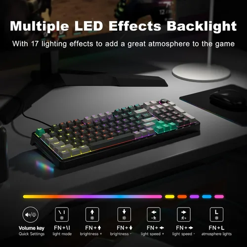 Vista 3 de GEEZER Teclado mecánico para juegos con retroiluminación LED, interruptor azul, perilla de volumen, 96 teclas, tamaño completo, compacto, USB