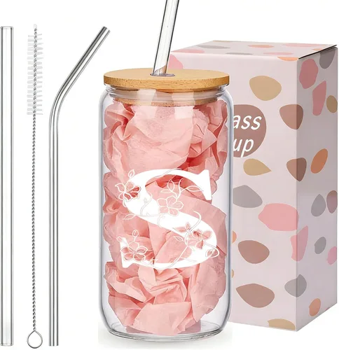 Vista 25 de Regalos personalizados para mujeres, tazas de vidrio con monograma con tapas y pajitas, regalos personalizados para mujeres, vasos de café helado