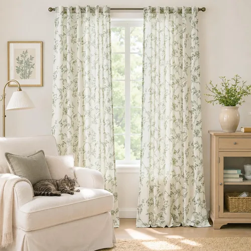 Vista 5 de Lazzzy Cortinas de lino floral verde con bolsillo para barra de granja, 50 Charlotte Verde