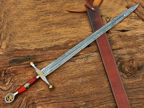Vista 2 de Espada de ascalón de acero de Damasco Saint George Dragon Slayer con funda de cuero, espada de hoja de doble filo