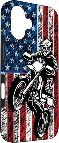 Vista 3 de Funda vintage con bandera estadounidense para iPhone 16 Motocross Dirt Bike