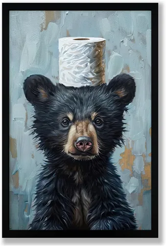 Vista 30 de Arte de pared de lienzo enmarcado para baño con oso negro tierno, decoración divertida para baño con animales, adorable oso con papel higiénico