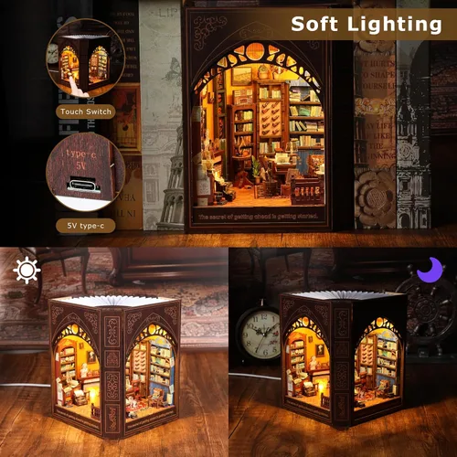 Vista 4 de Kit de rincón de libros para adultos y adolescentes – Rompecabezas de casa de muñecas de madera 3D DIY con luz LED, biblioteca de Mark Twain