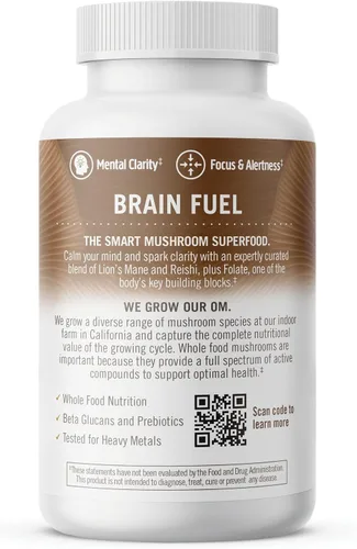 Vista 10 de OM MUSHROOM SUPERFOOD Brain Fuel - Cápsulas en polvo de hongos suplemento superalimentario, 90 unidades, 30 días, melena de león, mezcla de reishi