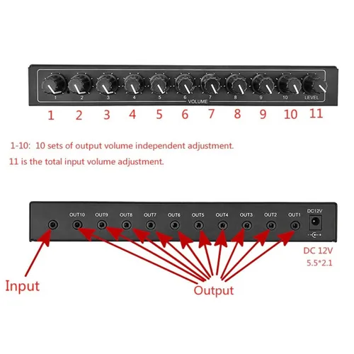 Vista 4 de Fydun Amplificador de auriculares de 10 canales 1 en 10 canales de salida portátil estéreo Distribuidor Amplificador de auriculares Mini Jack TRS