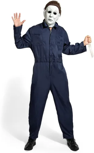 Vista 3 de Disfraz de Michael Myers para hombres adultos, overol de Michael Myers máscara con cuchillo de sangre para Halloween, cosplay, trajes de asesino