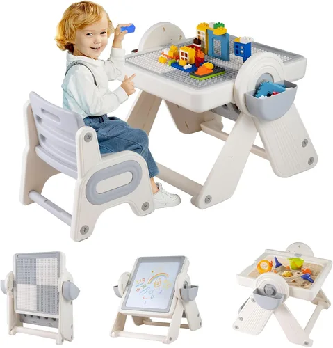Vista 19 de Costzon Juego de mesa y silla 6 en 1 para niños, caballete de arte plegable con marcadores, borrador, 102 ladrillos compatibles, mesa de bloques