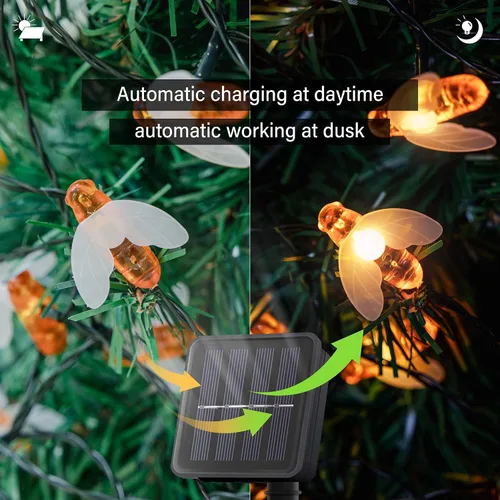 Vista 2 de Guirnalda de luces solares de abeja blanca cálida, paquete de 2 unidades de 30 LED