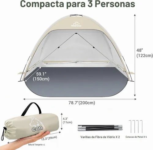 Vista 5 de Wolfwise Tienda de campaña de playa para 3 personas con protección UV UPF 50+, tiendas de campaña de playa con suelo extensible para privacidad, 3